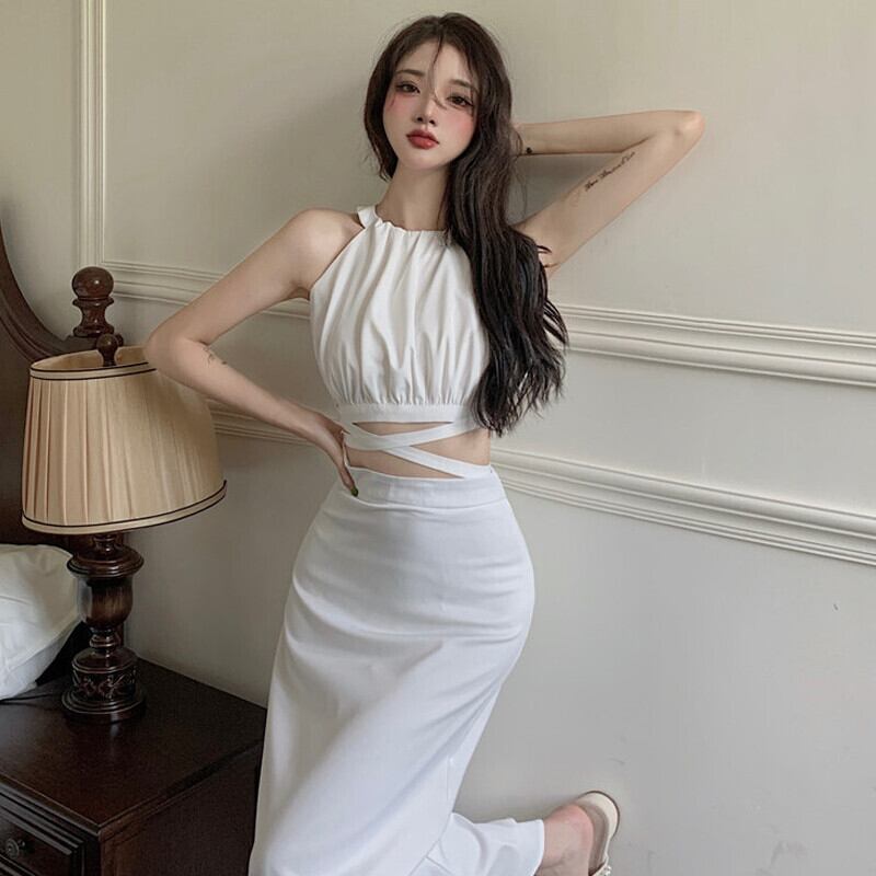 スタンダードトップス レッドハイウェストウェストスカート サマー レトロ 夏物 ガールズファッション41219239341