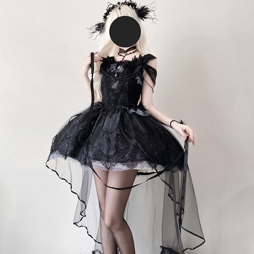 ゴスロリ ワンピース スワン×フェザー×ヘッドドレス付き 黒｜WithU