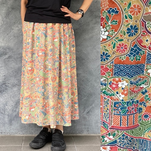 着物リメイクギャザーロングスカート - kimono elastic waist skirt