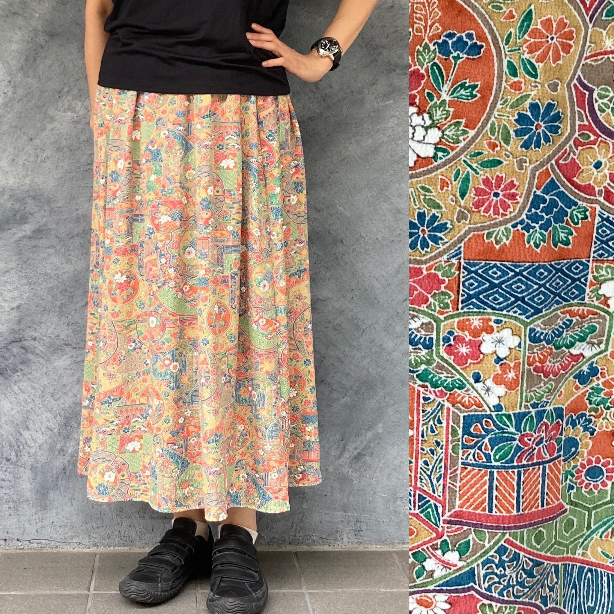 着物リメイクギャザーロングスカート - kimono elastic waist skirt