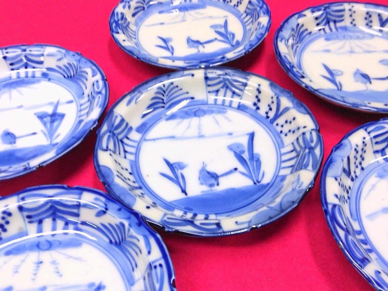 時代もの (大正-昭和(1920年代)頃) 手描 花鳥染付 芙蓉手 小皿/ 豆皿 1