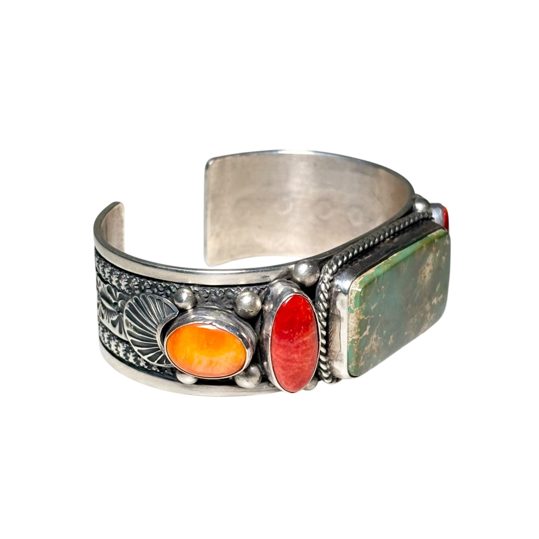 Navajo GUY HOSKIE turquoise & spiny oyster 5 stone bangle | NOIR