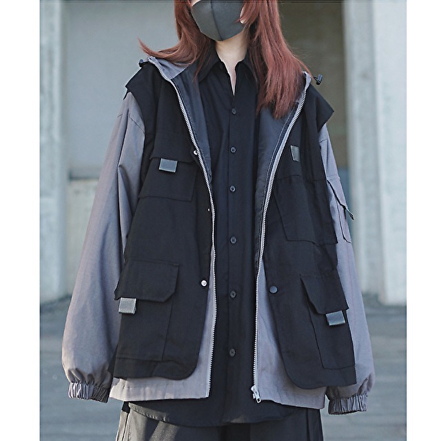 天使と悪魔 フェイクツーピース ジャケット パーカー Zipアップ ストリート系 ルーズカジュアル 病み可愛い 地雷系 原宿系 10代 代 天使と悪魔 サブカル系ファッション Seasonz
