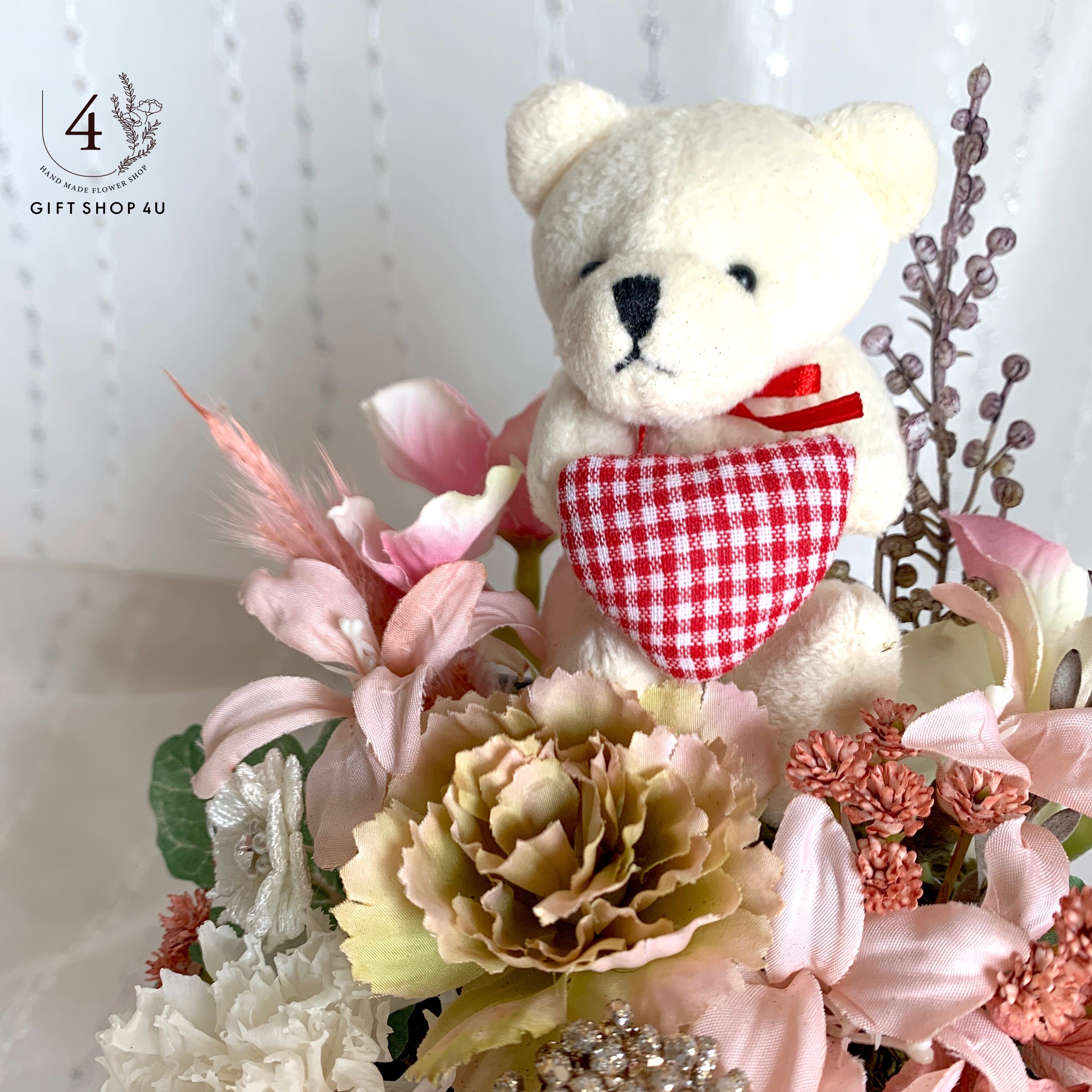 母の日】ハートベア フラワーアレンジメント（アンティークピンク