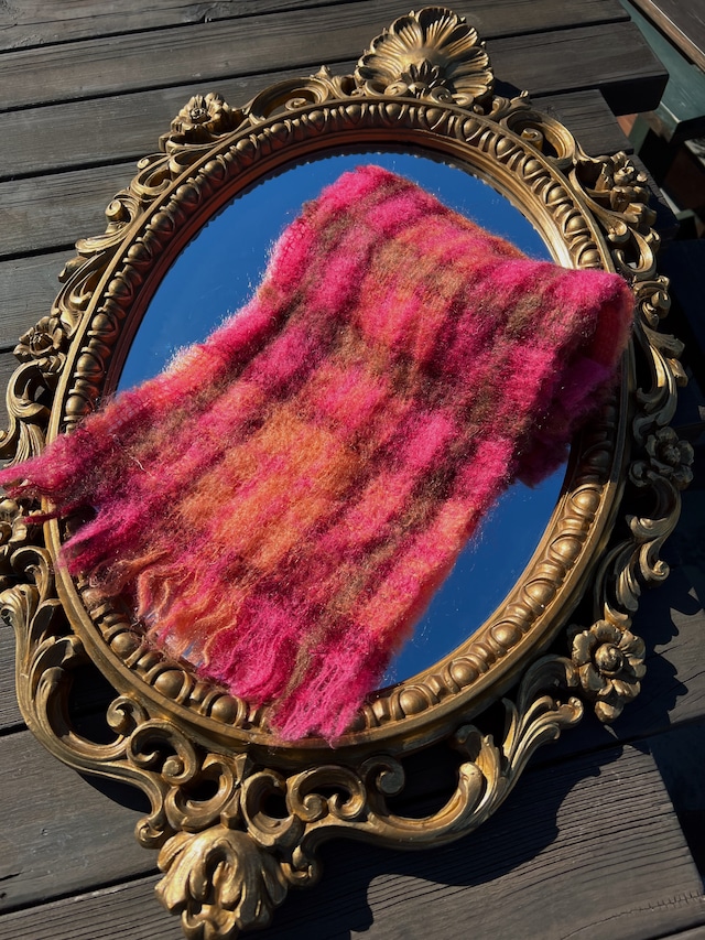 Vintage Scotland pink plaid mohair × wool muffler ( ヴィンテージ スコットランド ピンク × チェック柄 モヘア マフラー )