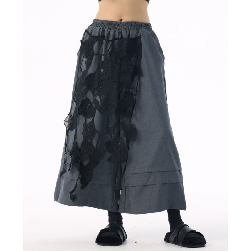 レース装飾 ワイド クロップド丈 イージーパンツ 2color PT0434