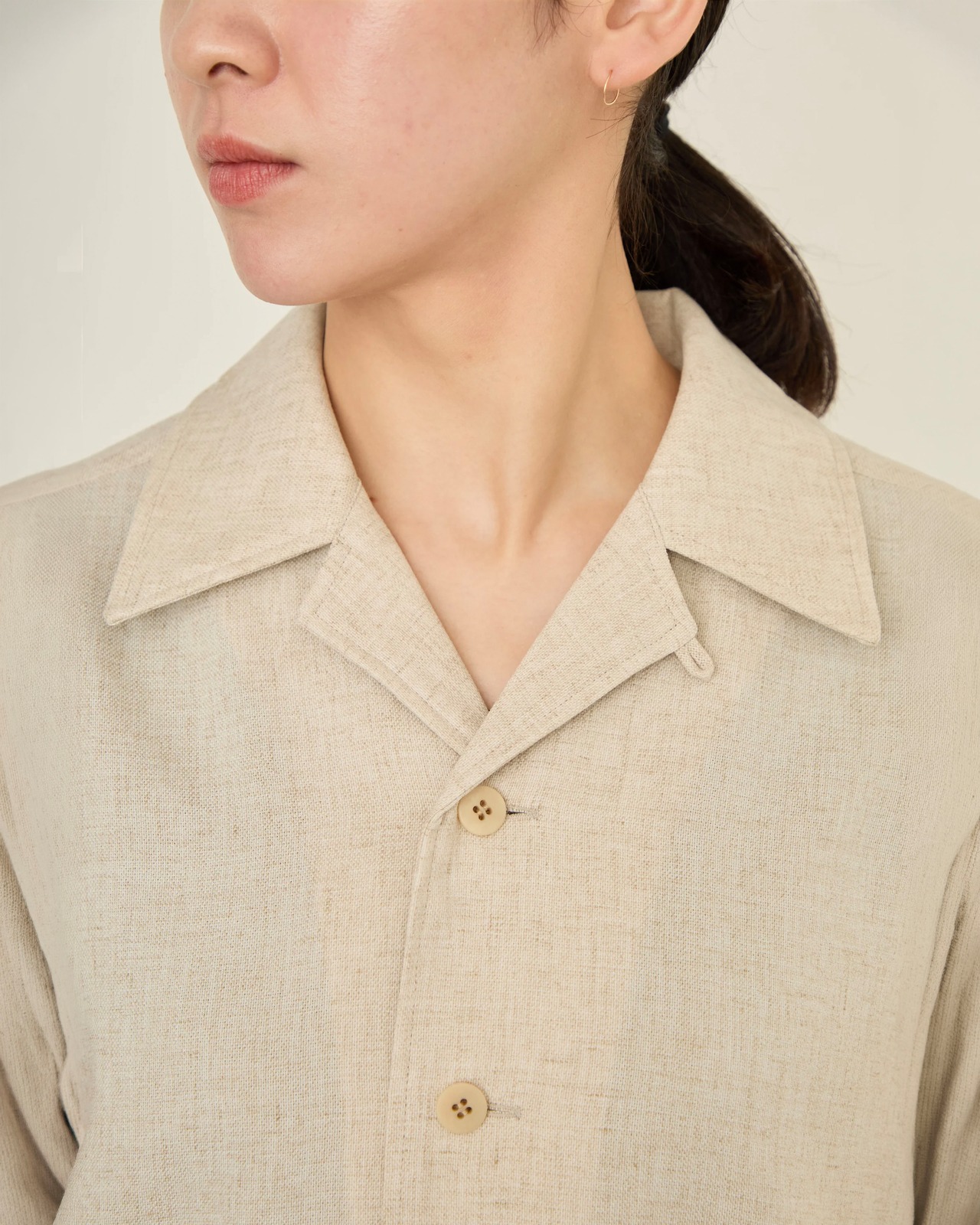 i’m here - Knit Short Sleeve Docking Shirts ：Beige｜オープンカラー／ニット袖ドッキング／袖口ダメージ