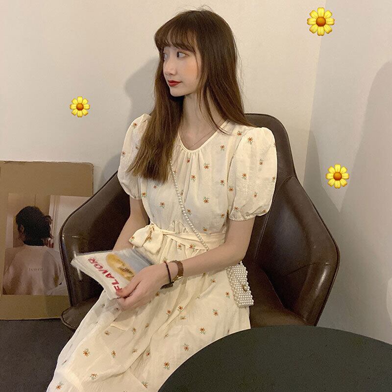 フローラルドレス スプリングウェストラウンドネックスリーブスタンダードスカート レトロ レース 春物 花柄 Oネック レースアップ 萌量不足48165768268