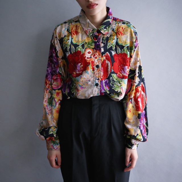 many many flower art and beads decoration pattern loose shirt