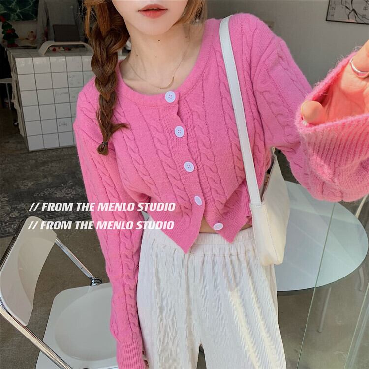 ショート長袖スリーブニットセーター ジャケット オータムVネックカーディガントップス ロング ピンク 大人ガーリー スウィート キュート カジュアル 秋物 モンロー93741600200