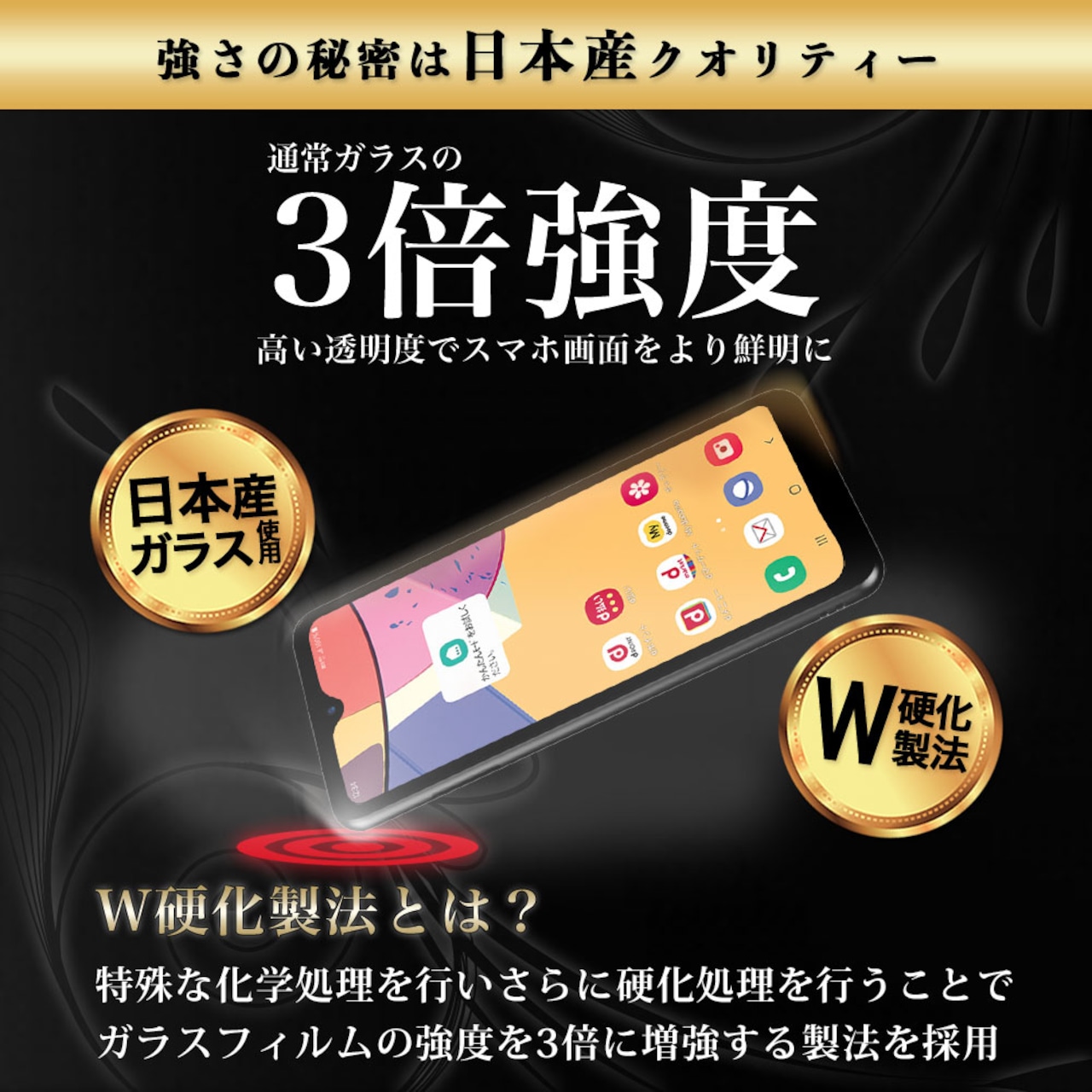 Hy+ Galaxy A21 フィルム SC-42A SCV49 ガラスフィルム W硬化製法 一般ガラスの3倍強度 全面保護 全面吸着 日本産ガラス使用 厚み0.33mm ブラック