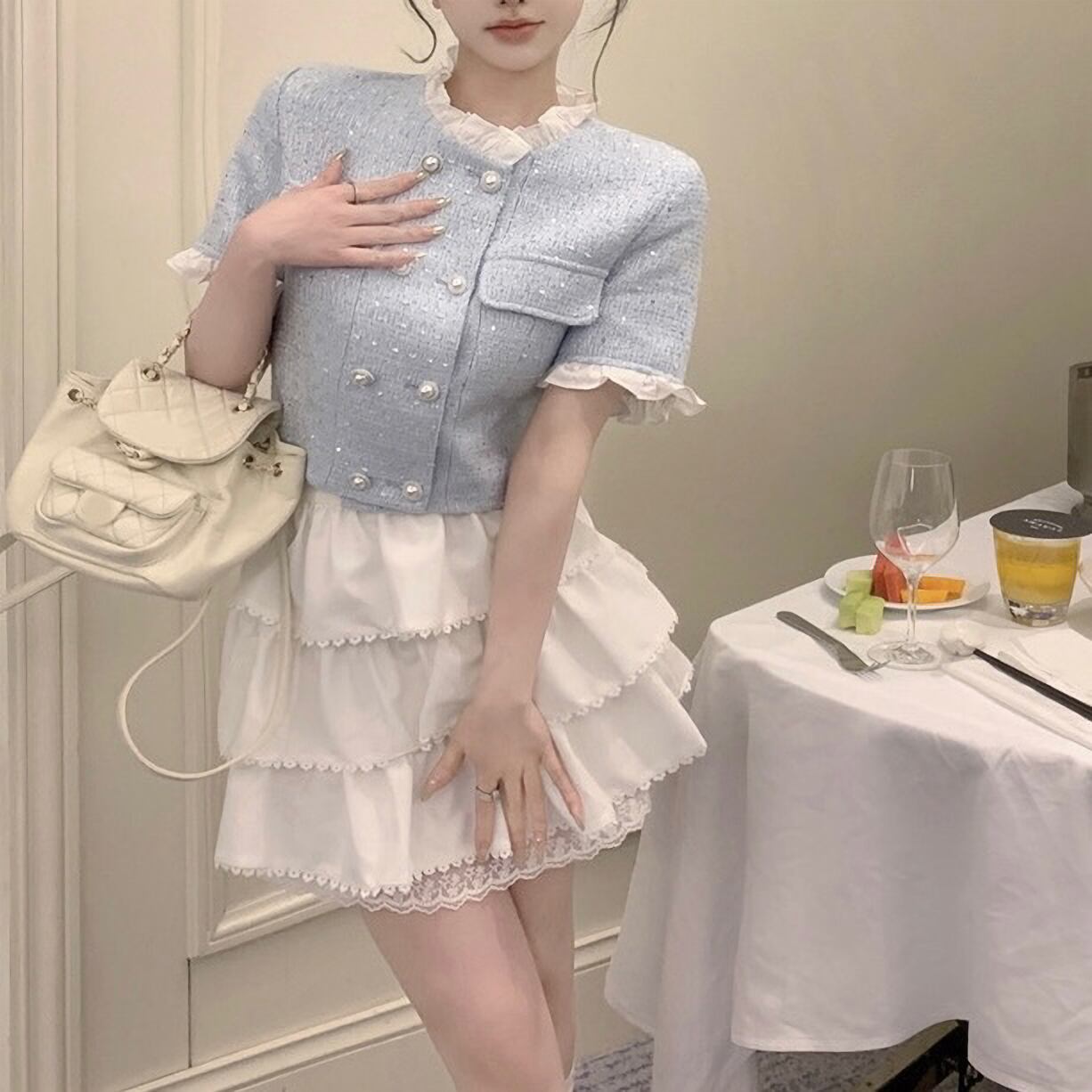 Tweed jacket & frill skirt set up | selectshop MAJOLIE