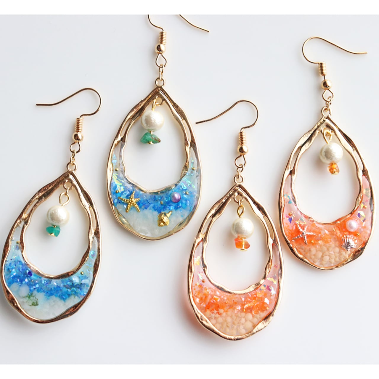 wood×海ピアス＊ 木/レジン/海/夏/ピアス/ゴールド | Makko-WoodWorks