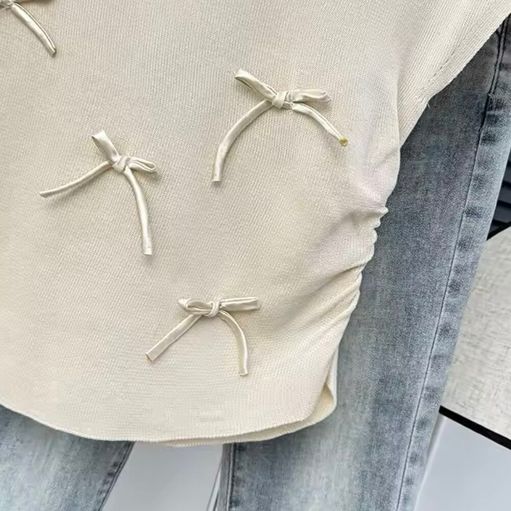 リボンモチーフクルーネックニットTシャツ