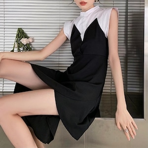 【予約】stand collar contrast one-piece dress