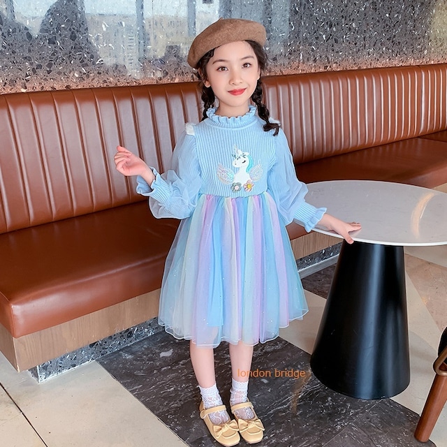 【韓国子供服☆ボリューム袖 ユニコーン ワンピース チュールスカート】ゆめかわいい 子供服 女の子 子ども キッズサイズ キッズファッション チュール袖 ボリューム袖  レインボーカラー 春 秋 100cm -150㎝ 発表会 結婚式 普段着 入園入学 卒園卒業 送料無料