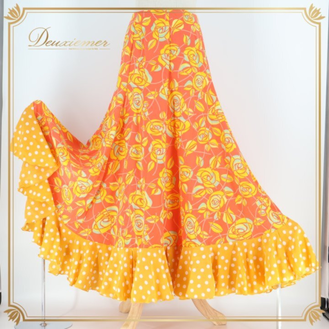 フラメンコ 衣装 エルモサイベリア HERMOSAIBERIA ファルダ スカート ペチコート イエロー系 オレンジ系 黄色 オレンジ 花柄 水玉 ボランテ フリル 軽い 薄い ダンス 発表会 舞台衣装 ステージ衣装