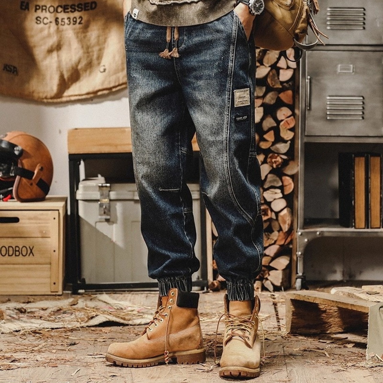 Denim pants with ribbed cuffs work style ◇2color H0789