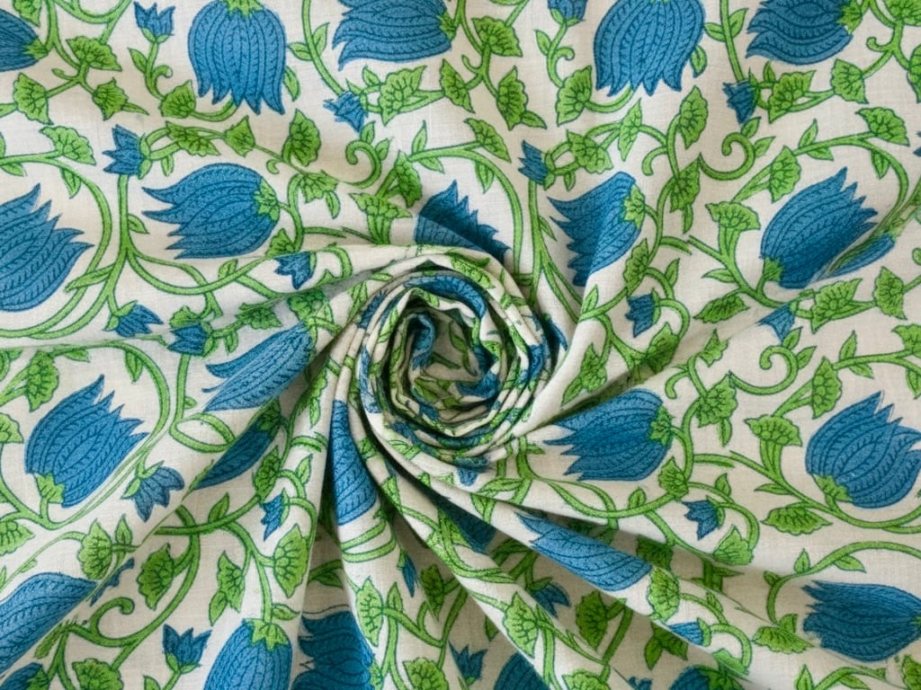 50cm単位】ブロックプリント生地 インド綿 花柄 ブルーフラワー