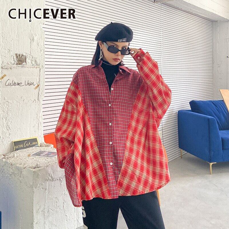 CHICEVERレッドチェックシャツレディースラペルカラー長袖ヒットカラーパッチワークオーバーサイズブラウス2020 ロング 6base535180467964