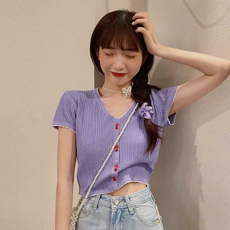 VネックショートTシャツ サマースタイルニットトップス 夏物 スーパーモール96789443250