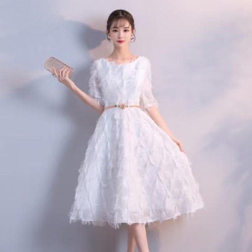 ドレス 結婚式  披露宴 二次会 フォーマル イブニングドレス ミディ丈 星  華やか エレガント パーティ Aライン クルーネック Vネック 五分袖