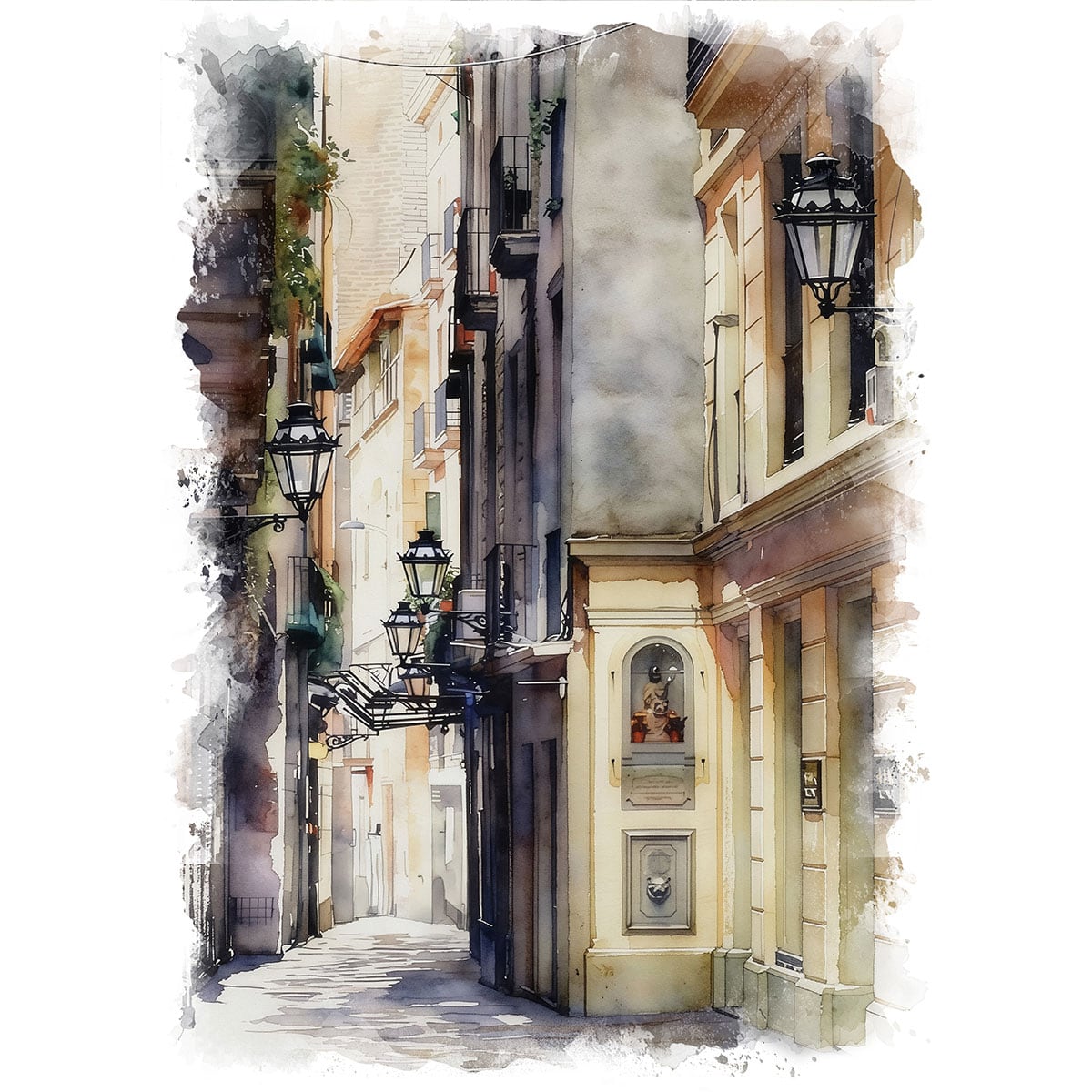 切り絵アート　スペインの街並み　海外風景画　貼り絵　額装　花のある街角 絵画 風景画(街並み) スペイン バルセロナ ゴシック地区にある店