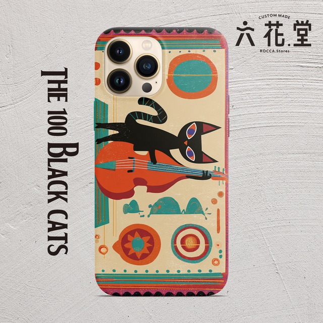iPhone 17 16 15 SE Case - Black Cat Playing Double Bass / コントラバス 猫 楽器 音楽 レトロ-022