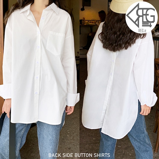 【REGIT】【即納】BACK SIDE BUTTON SHIRTS 韓国ファッション トップス シャツ ブラウス 着回し 10代20代30代 白シャツ ユニーク おしゃれ かわいい ロング丈シャツ
