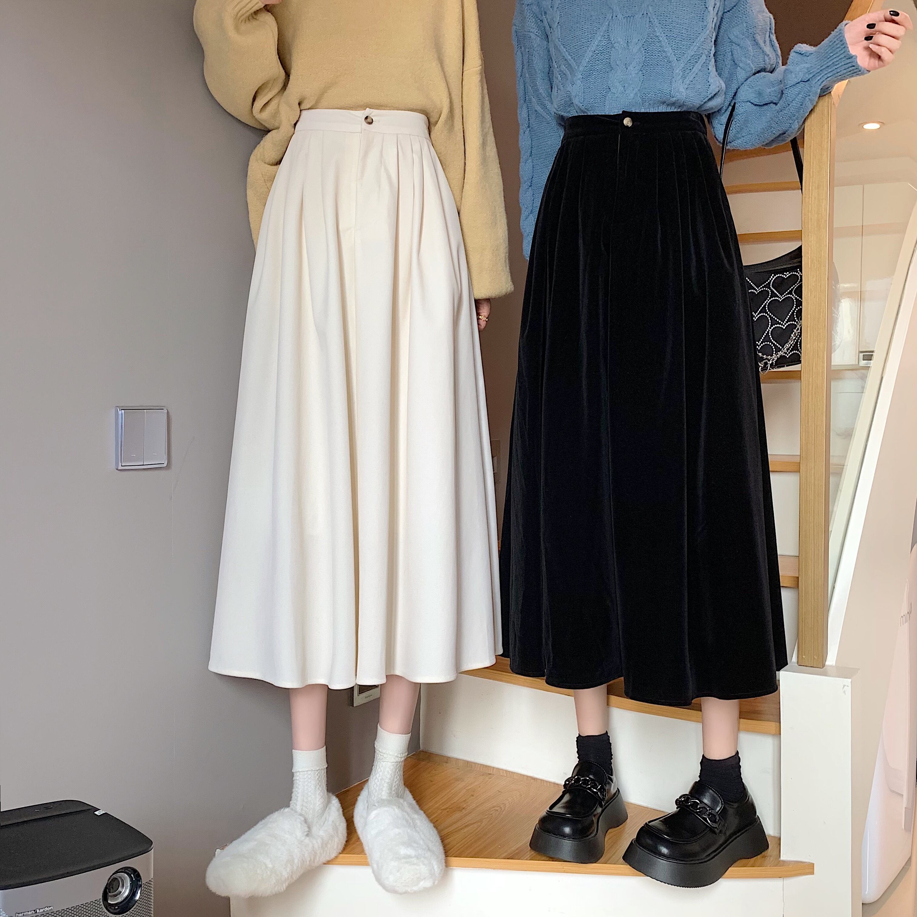 スタンダードハイウェストウェストベルベットスカート オータムウィンタールーズ薄手 レトロ 秋物 冬物 萌量不足51082944444