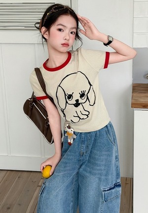 パピードッグリンガーTシャツ（オートミール）LINL｜トップス プリントT｜小学生 ジュニア対応｜普段着｜韓国子供服｜女の子 男の子｜120-170cm｜2026夏服 ［取寄］