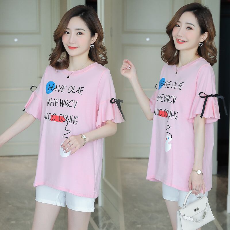 【新作】【送料無料】 妊婦半袖コットンTシャツ+腹部ショーツツインセットマタニティ夏服セットプリントTシャツ+パンツスーツ ショート ハーフスリーブ サマー 夏物 ブルマー AL expec381690108105