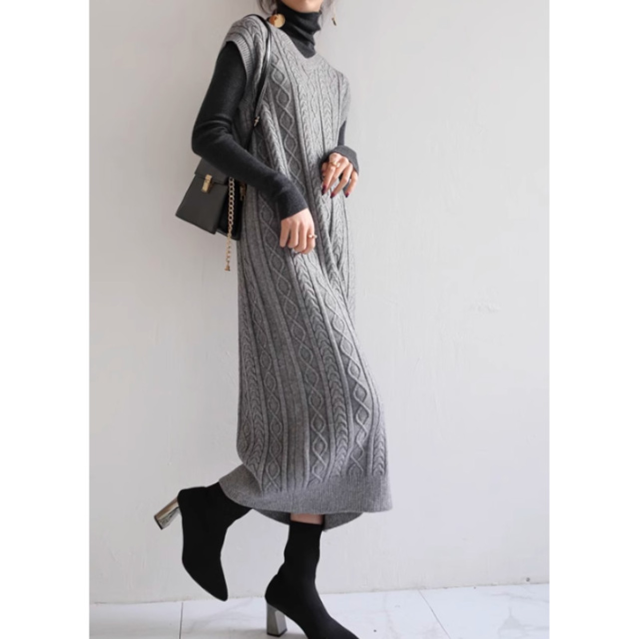 ツイストニットノースリーブワンピース6color W00773