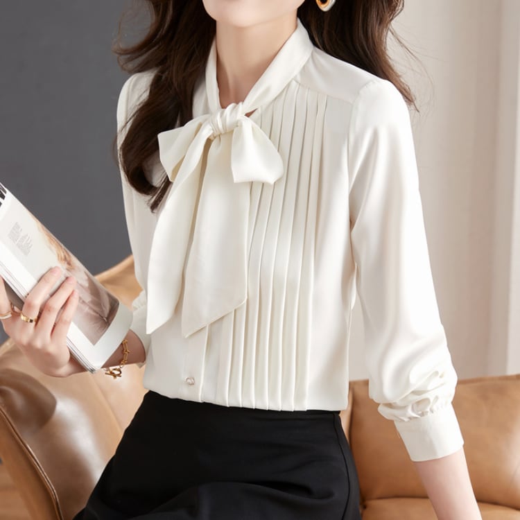 フロントプリーツ スタンドカラーリボンタイ 長袖ブラウス 1col N00046