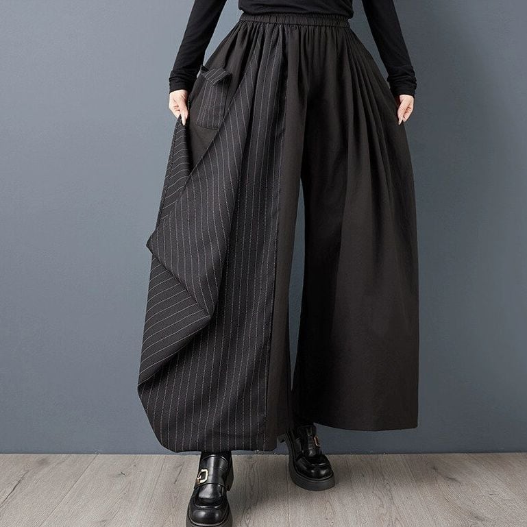 STRIPE STITCHED BLACK A-LINE WIDE LEG DESIGN PANTS 1color M-15183