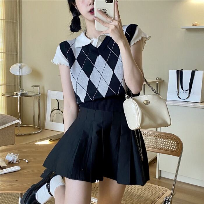 スタイルニットVネックセーター クロップドトップス ノースリーブ モンロー53936867161