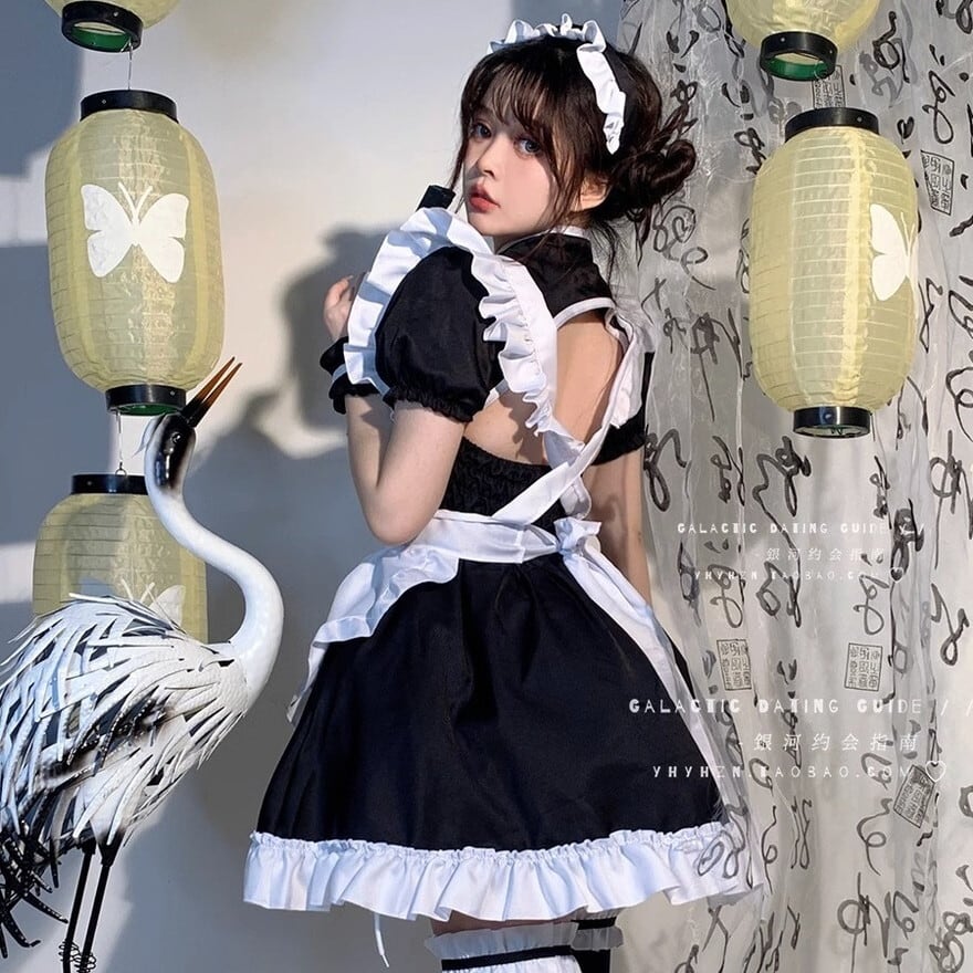 ロリータ通販 SEASONZ メイド服 チャイナ風 ミニ丈 5点セット ワンピ エプロン ヘッドドレス レッグリング ブレスレット セクシー コスプレ  イベント メイドカフェ ロマンティック ろりーた 服 ロリータ通販 SEASONZ