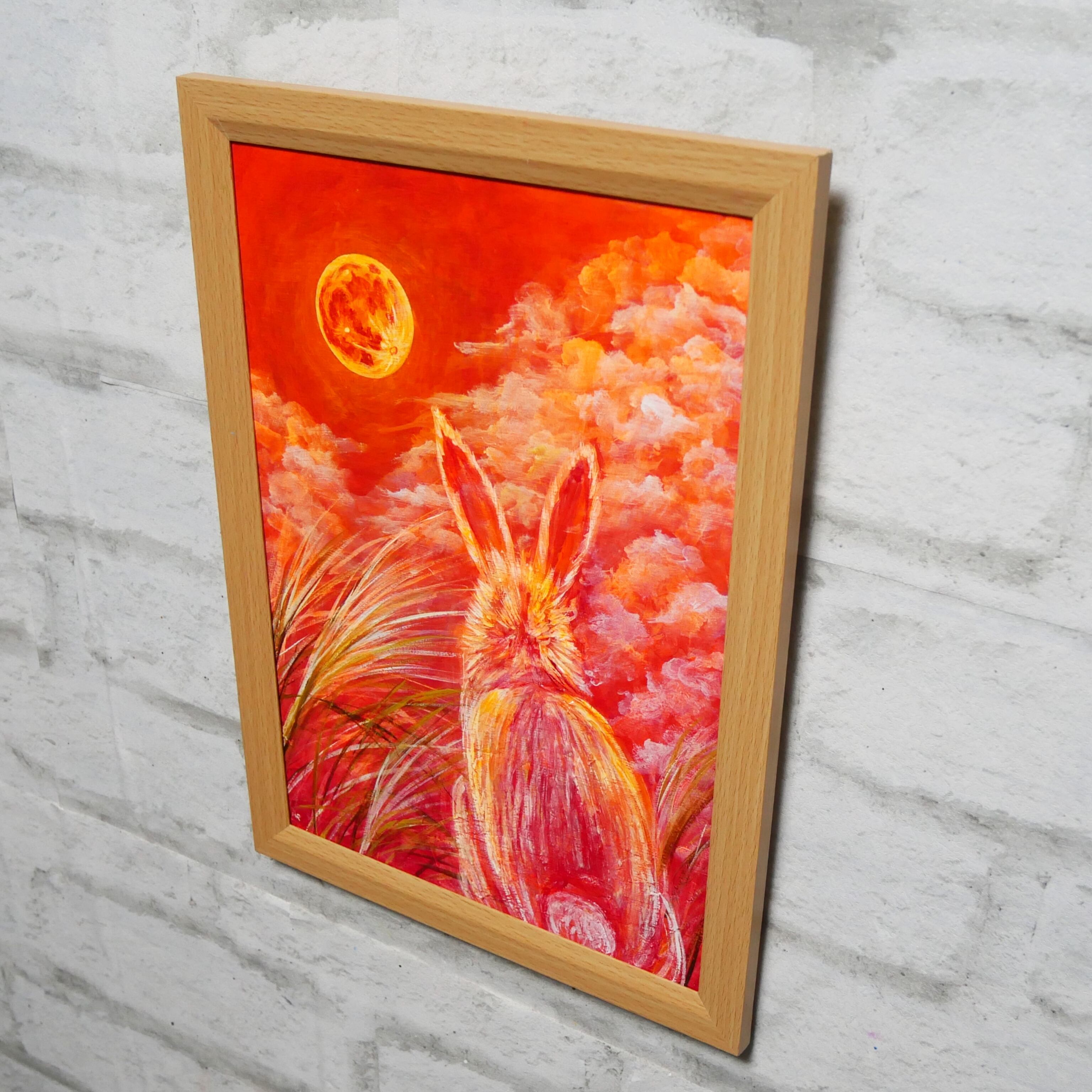 油絵 油彩 油彩画 絵画 絵【オレンジの月うさぎ】 | HIROSHI1990