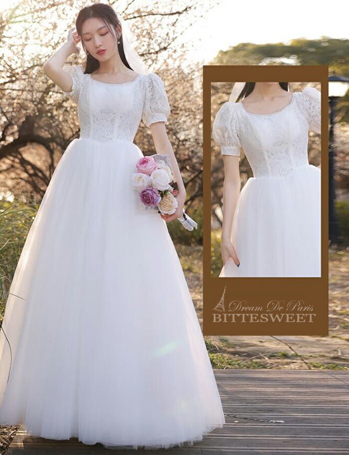 ウェディングドレス 白 レース 刺繍 高級感 Aラインドレス 5分袖 結婚
