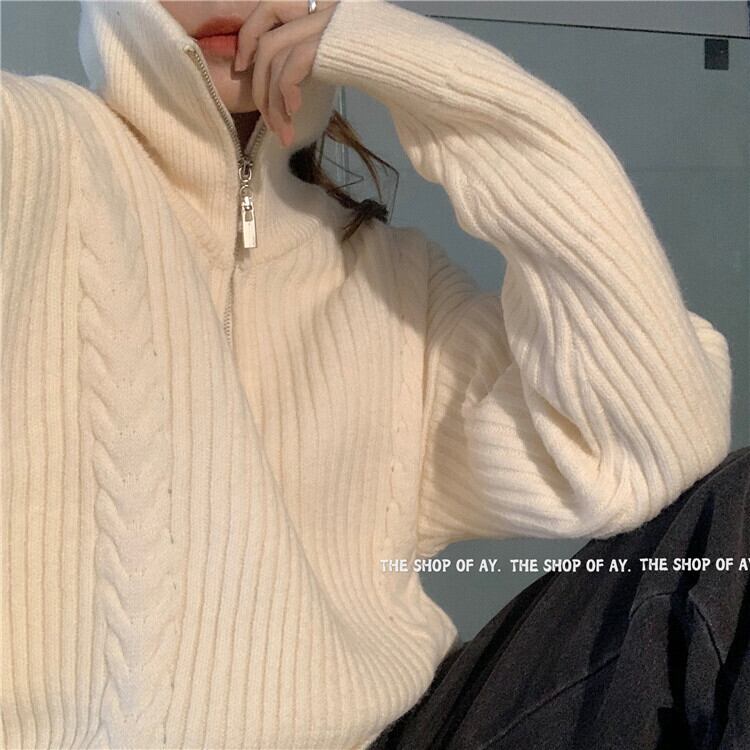 セーター レディースルーズオータムウィンタージッパー長袖スリーブニットトップス ロング 秋物 冬物 クレセントシティ13706475099