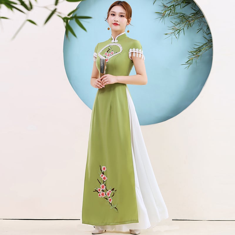 アオザイ 民族風 ロングドレス ワンピース 花嫁 S 5l 舞台衣装 撮影 グリーン 緑 フリンジ 大きいサイズ Elegant