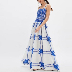 marine blue embroidered plaid dress <d3006>