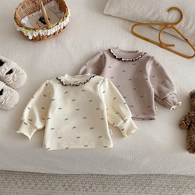 【BABY&KID】冬作裏起毛リボン柄フリル襟インナーシャツ