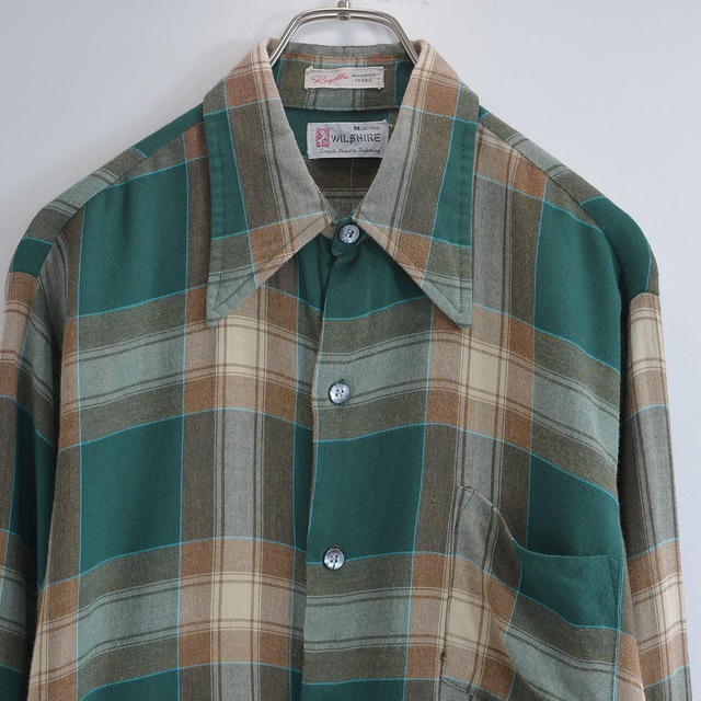 60～70s WILSHIRE チェック レーヨンシャツ ヴィンテージ 長袖シャツ 総柄 グリーン ビンテージ アメリカ古着 メンズMサイズ