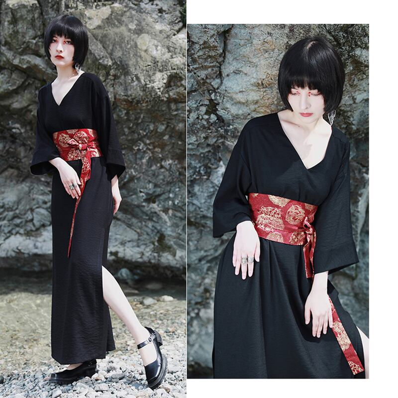 大青龍肆シリーズ ワンピース ベルト 2color 和風 足首丈 超ロング丈 Vネック 青 赤 黒 お祭り 花火大会 撮影 Elegant