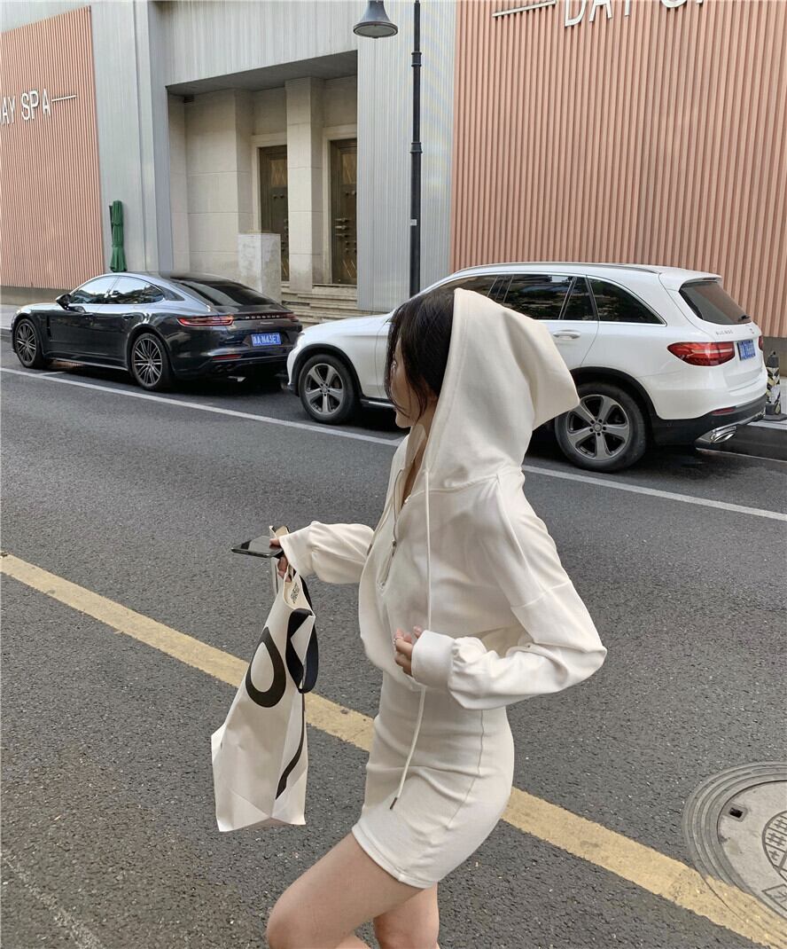 白いフード付き長袖セータードレス女性秋タイトフィットヒップスカート2020新しい気質スリムスカート ブラックストロベリース78977223077