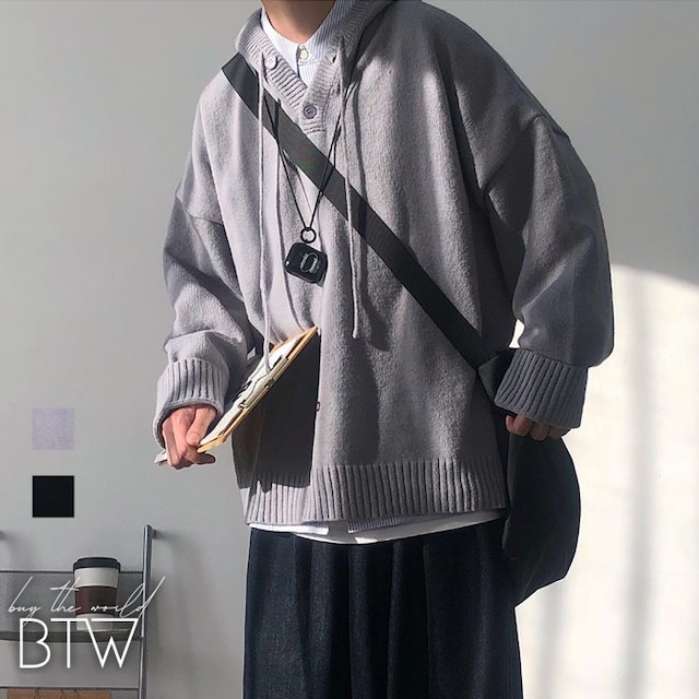 【韓国メンズファッション】フード付きヘンリーネックセーター 長袖 無地 シンプル クール ゆったり カジュアル BW2326