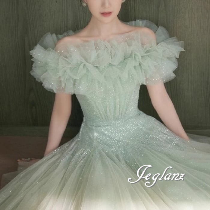 華やか パーティ イブニングドレス オフショル チュール ラメ 光沢感 ♪(M8658)ε