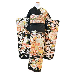 振袖 レンタル フルセット ヴィンテージ振袖 ビンテージ 昭和初期 M〜Lサイズ 黒地 御所車 【KIMONO梅千代】 umefv0008