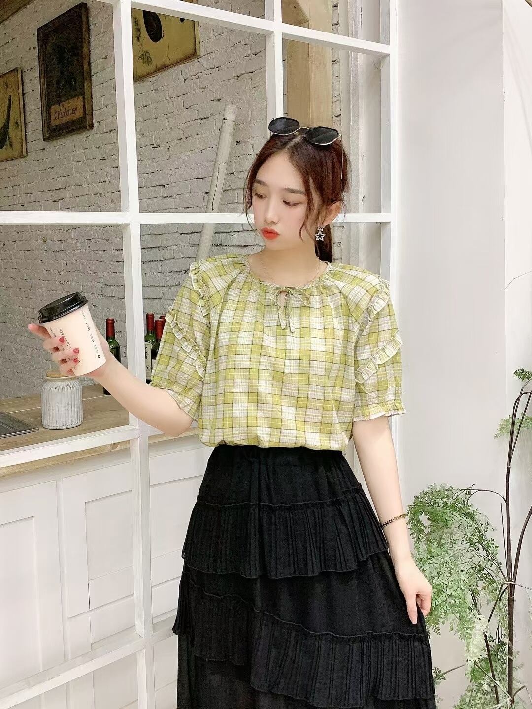 パフスリーブチェックブラウス　AJ3346-3066